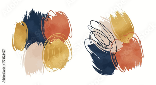 Abstract painting with brush strokes in blue, orange, and gold colors, creating a modern and artistic composition.