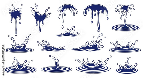 Collection of blue water splashes and ripples, vector illustration.