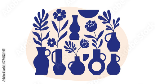 Collection of blue vases with flowers and plants on a beige background.