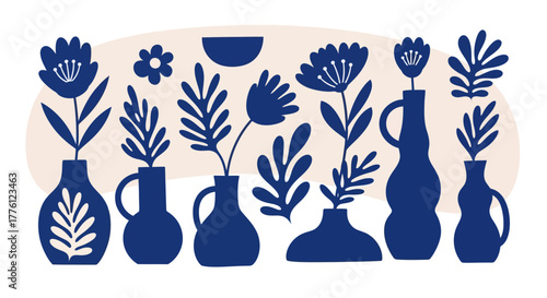 Illustration of various blue flowers and plants in vases on a beige background.