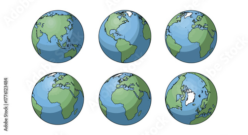 Six globes showing different continents and perspectives of the Earth.