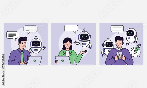 Modern AI Chatbot Communication for Customer Support and Digital Assistance. People Interacting with Artificial Intelligence Robots for Help, Service, and Automation