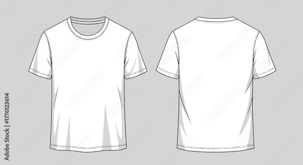 Fototapeta premium White T-Shirt Front and Back View on Gray Background.