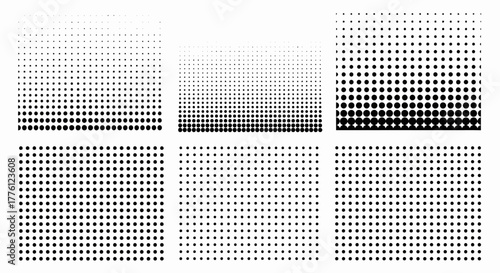 Halftone patterns with square dots in various arrangements and densities, creating visual textures.