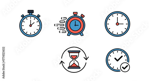 Collection of time-related icons, including clocks, stopwatches, and hourglasses.