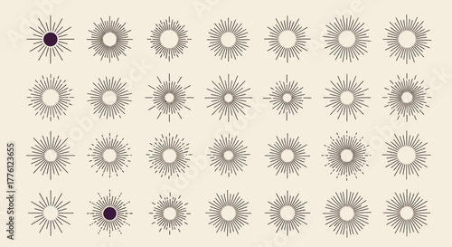 A collection of sunburst designs with varying line styles and central shapes, arranged in a grid pattern on a beige background.