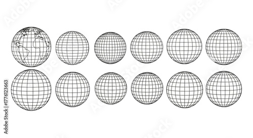A series of globes showing the Earth and various grid patterns on a white background.