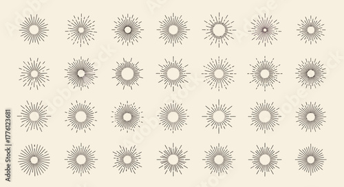 Collection of sunburst design elements, radial lines emanating from a central point.