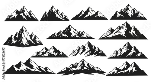 A collection of twelve vector illustrations of mountain ranges, each with unique peaks and shading, set against a white background.
