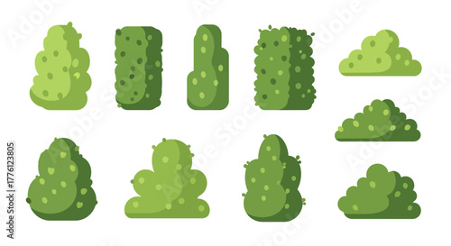 Illustration of various green bushes and shrubs in different shapes and sizes, isolated on a white background.