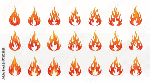 A collection of cartoon flame illustrations, showcasing various shapes and sizes of fire.