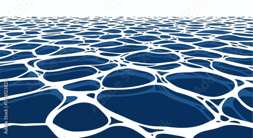 Abstract illustration of water surface with light reflections creating a pattern of dark blue shapes and white highlights.