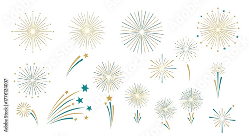 Illustration of fireworks and star trails on a white background.