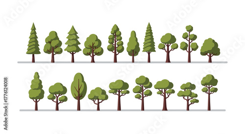 Illustration of various types of trees with different shapes and sizes, arranged in two rows on a white background.