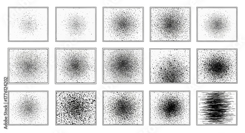 A sequence of images showing a gradual change in a pattern, from a concentrated point to a more dispersed and linear arrangement.