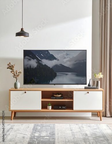 Modern living room setup featuring a flat-screen TV above a wooden cabinet