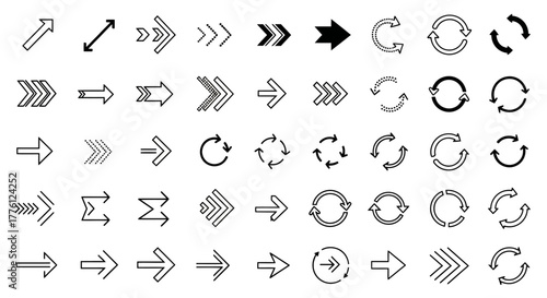 Collection of various arrow icons and circular arrow symbols in black and white.