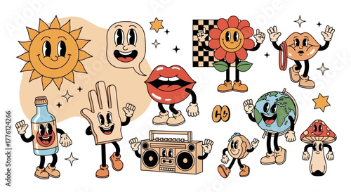 Retro cartoon characters with smiling faces and limbs, including a sun, flower, lips, and globe.