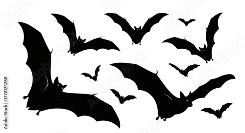 Silhouette of bats flying, Halloween decoration, spooky and scary creatures.