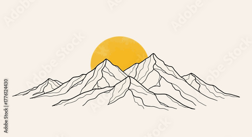 Minimalist mountain range illustration with a golden sun setting or rising behind the peaks, creating a serene and natural scene.