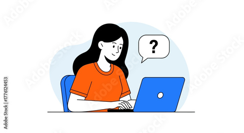 Woman with question mark using laptop, seeking answers or information online.