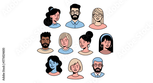 Illustration of diverse people's faces, showing different genders, ethnicities, and hairstyles in a cartoon style.