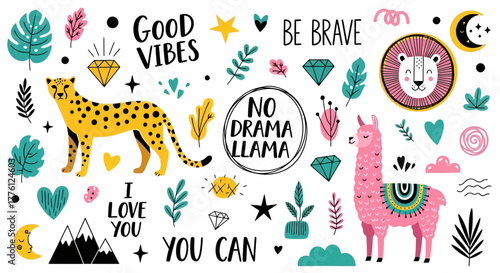 Colorful sticker sheet with animals, plants, and inspirational phrases, including a cheetah, llama, and lion.