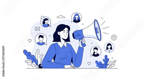 Woman with megaphone spreading the word to a group of people.