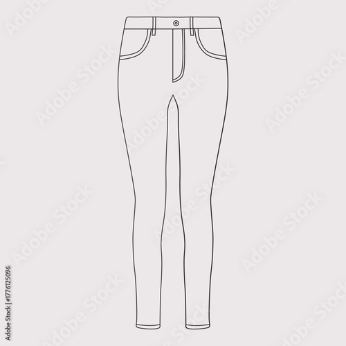 Skinny women’s jeans pant with button and pockets hand drawn vector sketch illustration, denim pants fashion template, front and back view, technical gray drawing