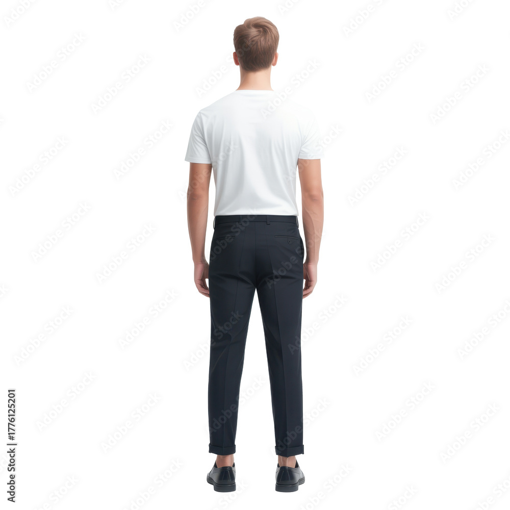 Fototapeta premium Back View of Man in White T-Shirt and Trousers
