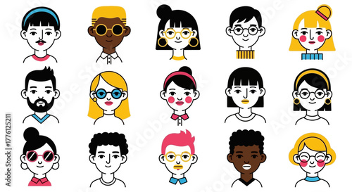 Diverse avatars of people with different hairstyles and accessories.