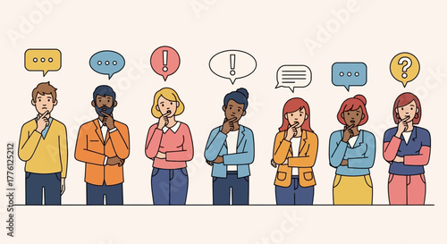 Diverse group of people thinking with speech bubbles above their heads.