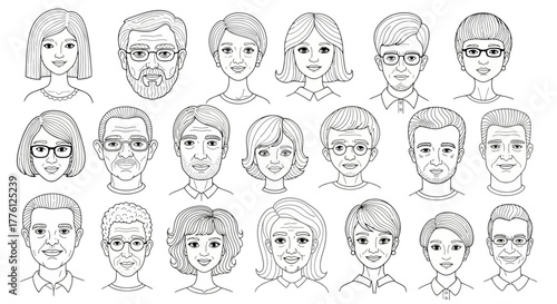 A collection of diverse line art portraits of people with various hairstyles and facial features.