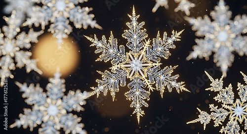 Sparkling snowflakes glitter with intricate detail against a dark, bokeh-filled background.