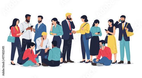 Diverse group of people using smartphones and interacting in a modern setting.