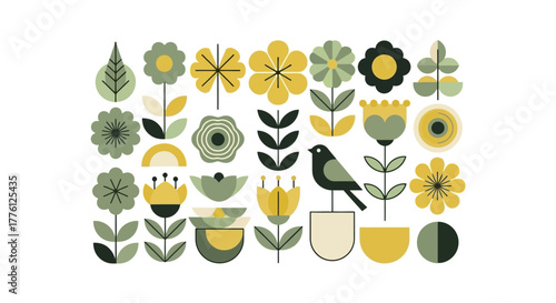 Floral pattern with stylized flowers, leaves, and a bird in a pot, in shades of green and yellow.