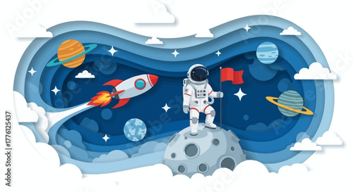 Astronaut on the moon with rocket, planets, and a flag in a paper cut style illustration.