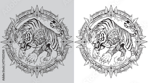 Aggressive Armored Tiger Attacking in a Sharp Barbed Wire and Star-Shaped Frame