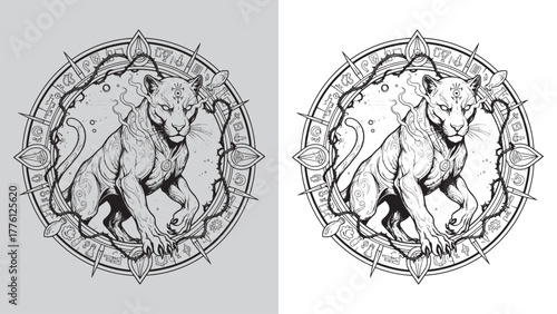 Mystical Panther Head in a Circular Rune Compass Frame with Esoteric Symbols and Glow