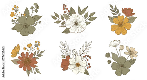 A collection of six floral arrangements featuring various flowers, leaves, and berries in a soft, muted color palette, creating a vintage and elegant aesthetic.