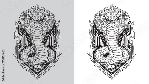 Intricate Cobra Snake with Runes and a Skull Held by Skeletal Hands in a Gothic Art Deco Frame