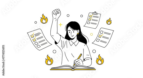 Illustration of a woman celebrating completing tasks with checklists and flames.