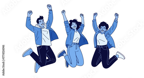 Three people jumping in the air with their arms raised in celebration.