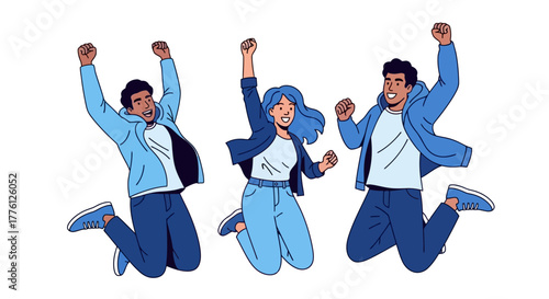 Three people jumping and celebrating with their arms raised in the air.