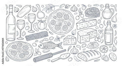 Detailed line art illustration of various food items, including pizza, fish, cheese, bread, and wine.