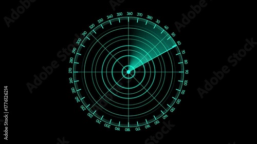 Radar screen animation on black background. Signal transmitted sonar radar. Radar point to detect enemy position.