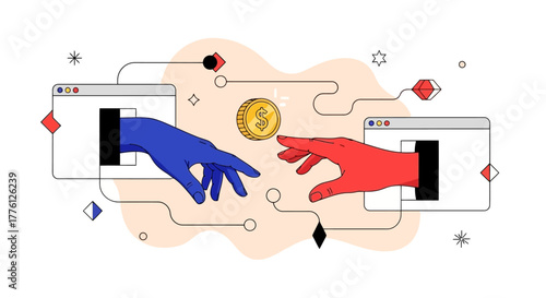Digital transaction illustration with hands reaching for a coin, symbolizing online commerce and financial exchange.
