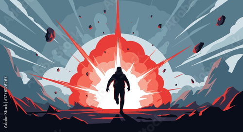 Silhouette of a person running away from a large explosion in a stylized landscape.