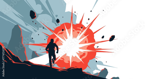 Silhouette of a person running away from a large explosion in a rocky landscape.