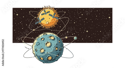 Illustration of a planet with craters and a sun with satellites orbiting in space.